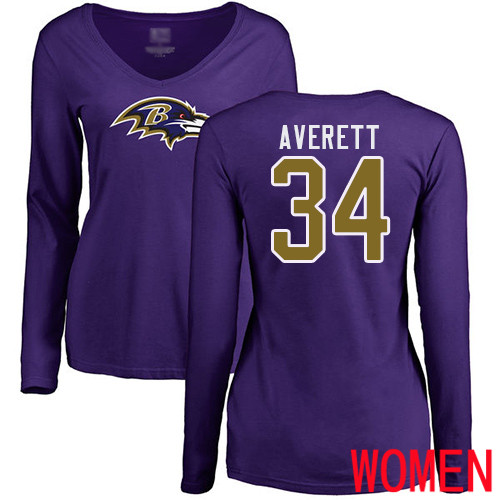 Baltimore Ravens Purple Women Anthony Averett Name and Number Logo NFL Football #34 Long Sleeve T Shirt->women nfl jersey->Women Jersey